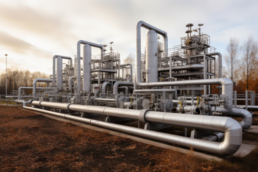 Oil and gas processing plant with pipe line valves. Pipelines in a gas compression station